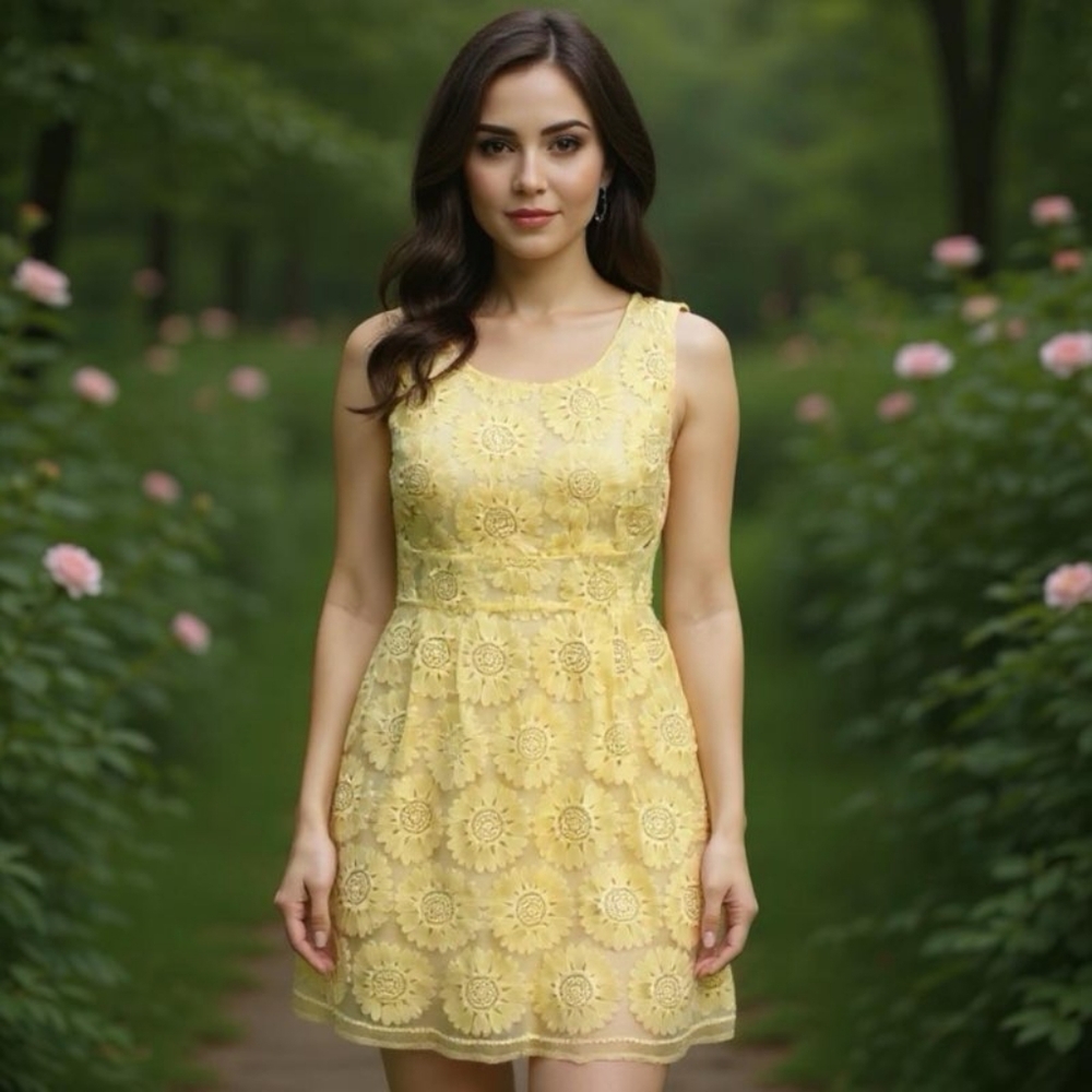 Crystal Doll Yellow Flower embroidered overlay sleeveless dress size 11 Lined